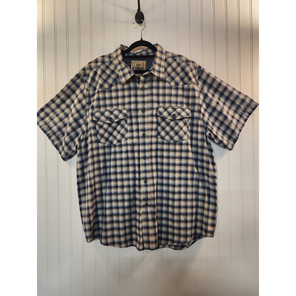 Outdoor Life Men Blue Plaid Short Sleeve Flannel Button-Up Shirt Size XL Casual